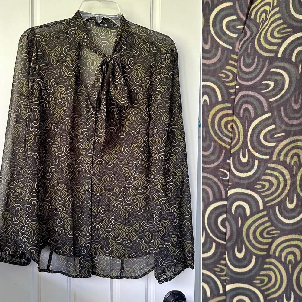 Green/Blue/Grey Geometric Print Semi-Sheer Button Up Blouse with Neck Tie -Apt 9